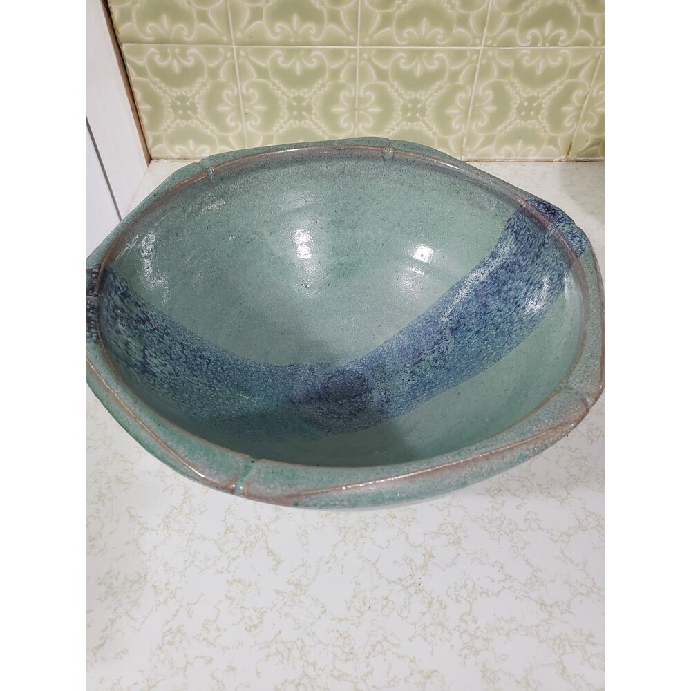 Studio Art Pottery Large Ceramic Bowl Blue Green Glaze 9.5" Diameter Footed
